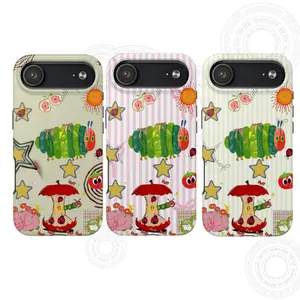 Cute Green Caterpillar iPhone Case – Whimsical Apple and Star Pattern, Kawaii Cartoon Bug Phone Cover, Playful Aesthetic Holiday Gift for Him & Her, Cute Christmas Gift Idea