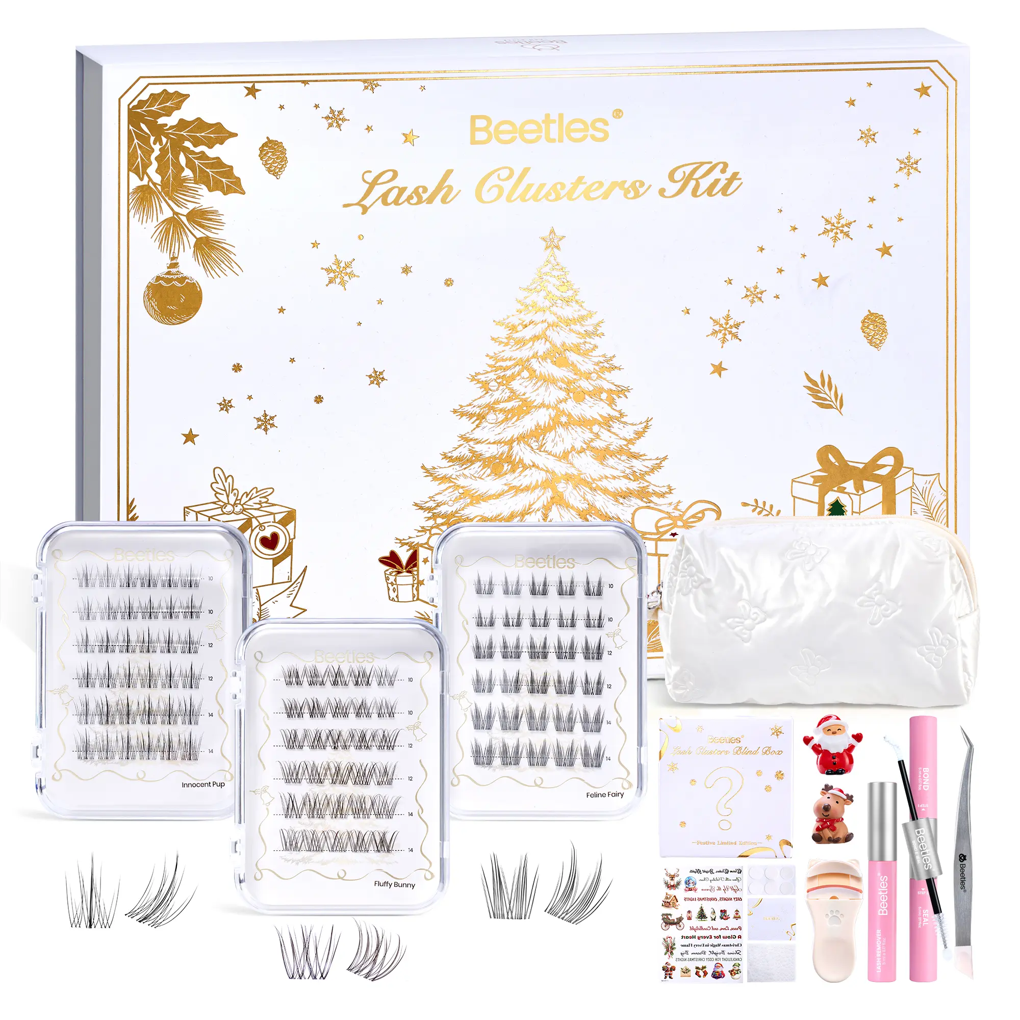 Beetles Festive Eyelash Clusters Kit - Christmas Holiday Exclusive Styles Gel Polish Gift Set, Gentle Lightweight DIY Lash Cluster Extensions with 4 Fluffy Styling Options, Bond, Seal & Remover for Festive Experience, Makeup, Cluster Lashes