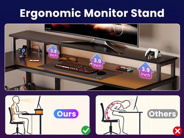 53” Gaming Desk with USB Charging Ports & LED Lights, Reversible L Shaped Desks Computer Corner Gamer Table with Power Outlets Monitor Stand Storage Shelves for Home Office Small Space, Black