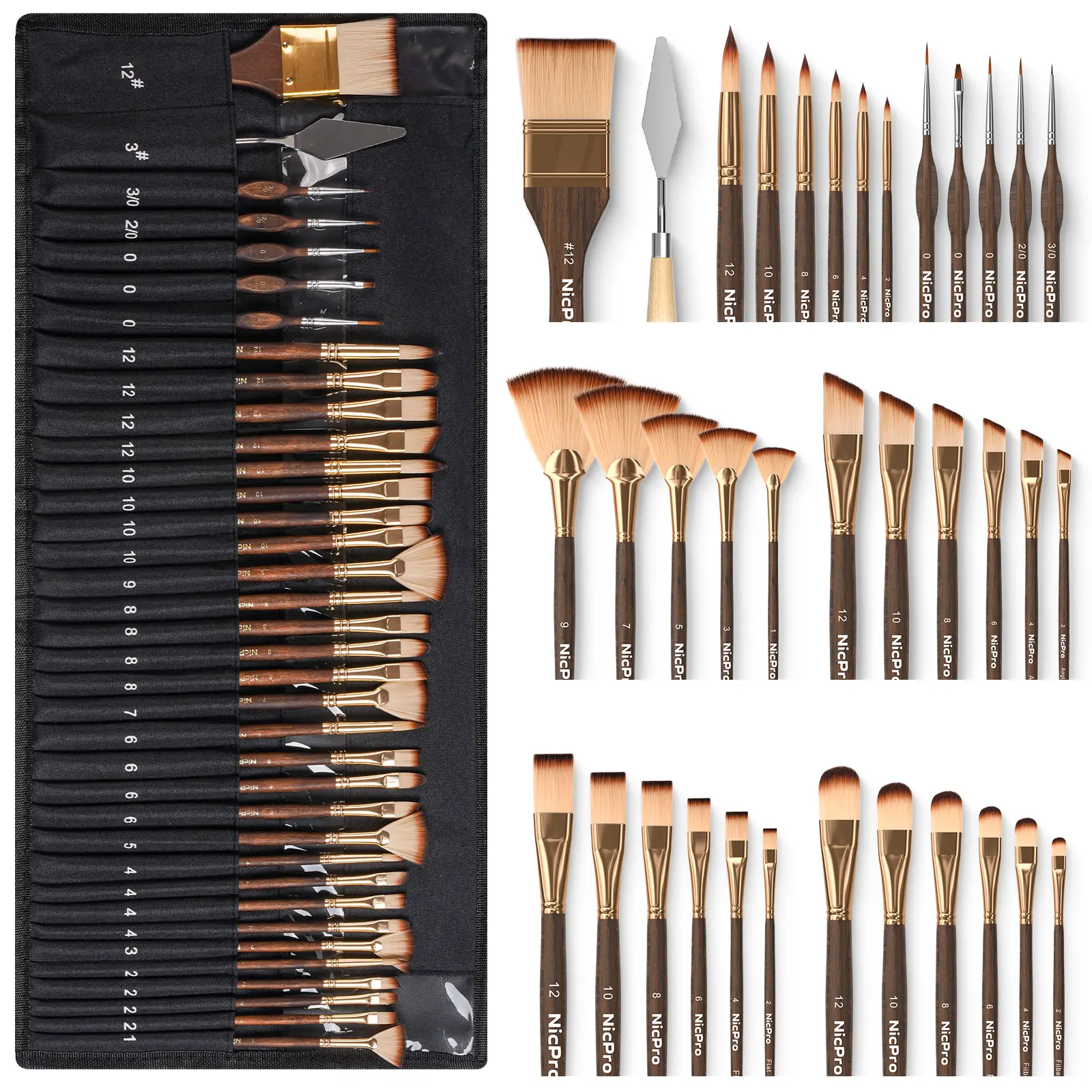 Nicpro 36pcs Professional Brush Combo Art Kit - Acrylic Water-Based Paintbrushes, Palette Knife, Cloth Roll, Angle Brushes, Assorted Sizes, Beginner-Friendly Office Stationery Art Supplies, Art Kits