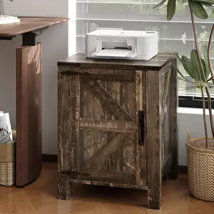 Bedside Table with USB Charging Station – 18" Rustic Bedside Table with Sliding Barn Door, Adjustable Shelf, Two-Tier Storage – Bedroom or Living Room
