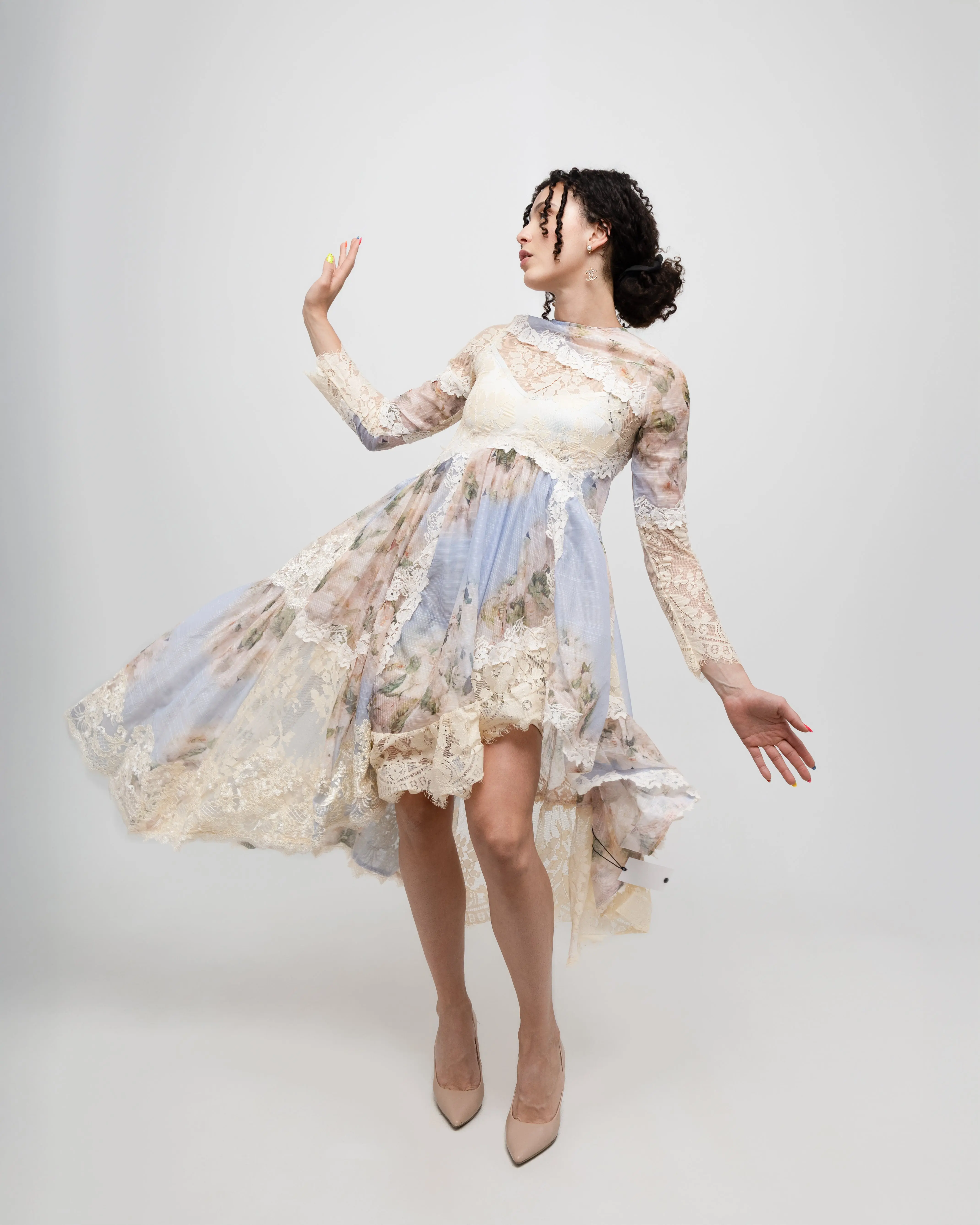 Floral Printed Long Lace Patchwork Dress