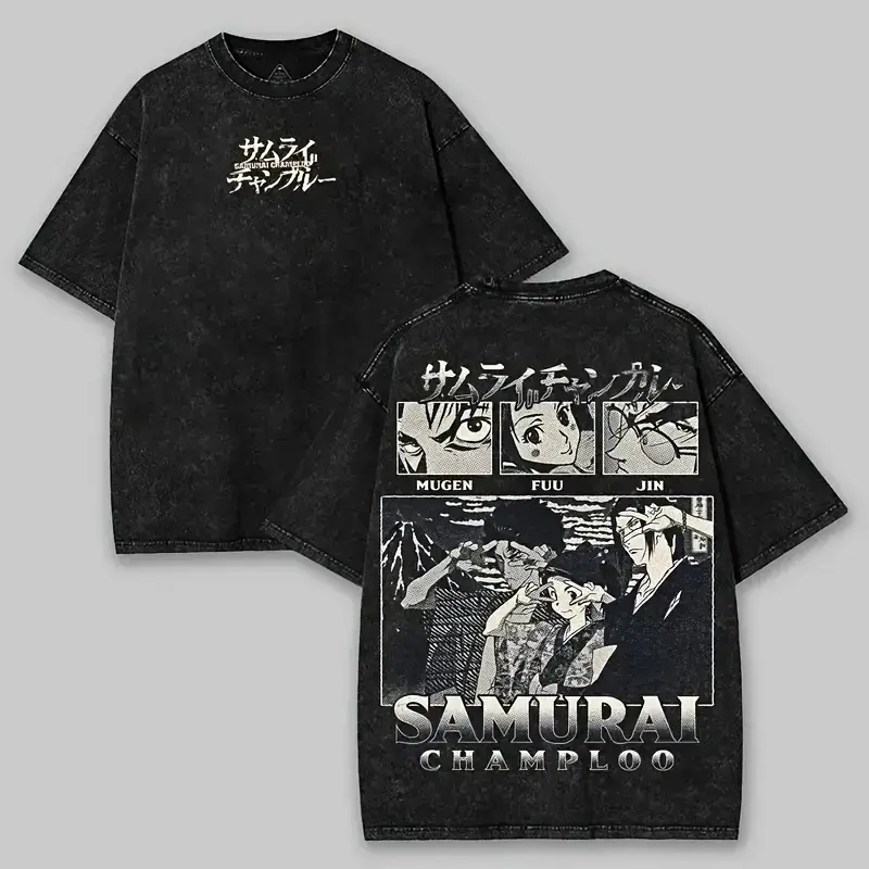 Men's Samurai Champloo Tops - 2-Sided Vintage Anime Graphic Print, Short Sleeve Round Neck Casual Streetwear T-Shirt, Anime Tee, Shortsleeve, Cotton Black Menswear, Vintage Print, Two-Sided sohochic
