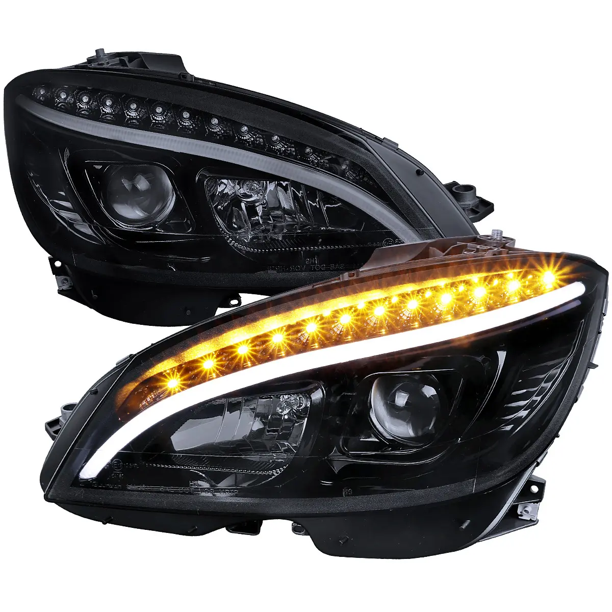 2008-2011 W204 C Class Projector Headlights w/ LED Light Bar & LED Turn Signal Lights (Glossy Black Housing/Smoke Lens)