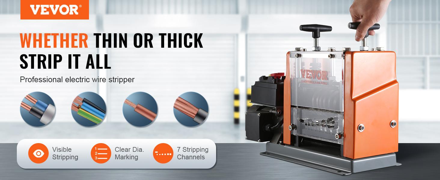 VEVOR Electric Cable Stripping Tool, 0.06''-0.98'' Motorized Wire Stripper, 60W, Features Clear Depth Gauge, Includes 6 Circular & 1 Flat Channels for Efficient Copper Wire Recycling VEVOR Super Brand Day VEVOR Electric Cable Stripping Tool, 0.06''-0.98'' Motorized Wire Stripper, 60W, Features Clear Depth Gauge, Includes 6 Circular & 1 Flat Channels for Efficient Copper Wire Recycling VEVOR Super Brand Day