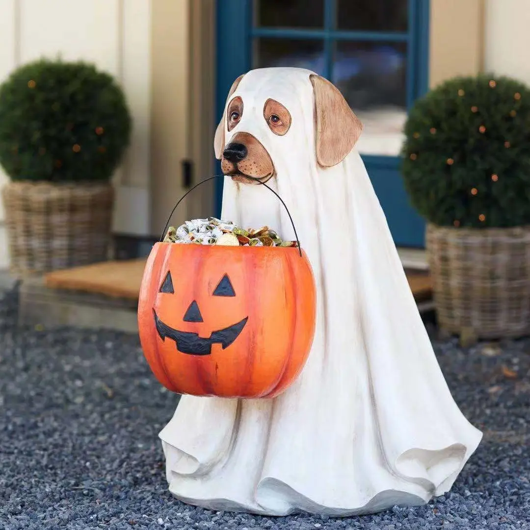 Cute Dog Carrying Pumpkin Resin Statue, Resin Figure, New Halloween Decoration, Home Office Decor, No Power Needed, Decorative Sculptures Perfect for Fall Festivities