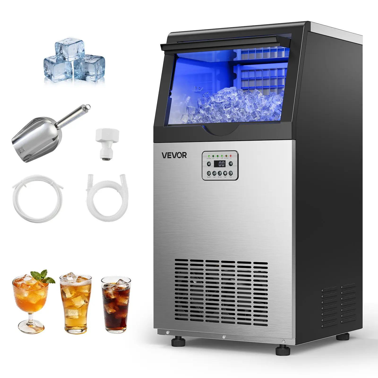 【Summerfinds】VEVOR Commercial Ice Cube Maker Machine, 100 lbs/24h Production, 30 lbs Storage Capacity, Built-in/Freestanding/Under Counter Stainless Steel Unit with Timer, LED Display Screen & Self-Cleaning, for Home Bars, Restaurant