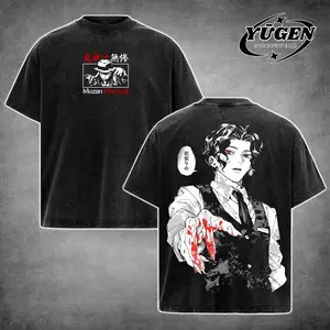 [Yūgen Store] [Yūgen Store] Muzan Kibutsuji Demon King Vintage Acid Washed Oversized Hoodie & T-Shirt – Dark Aesthetic Anime Heavy Cotton Tee, Double-Sided Graphic, Unisex Retro Streetwear