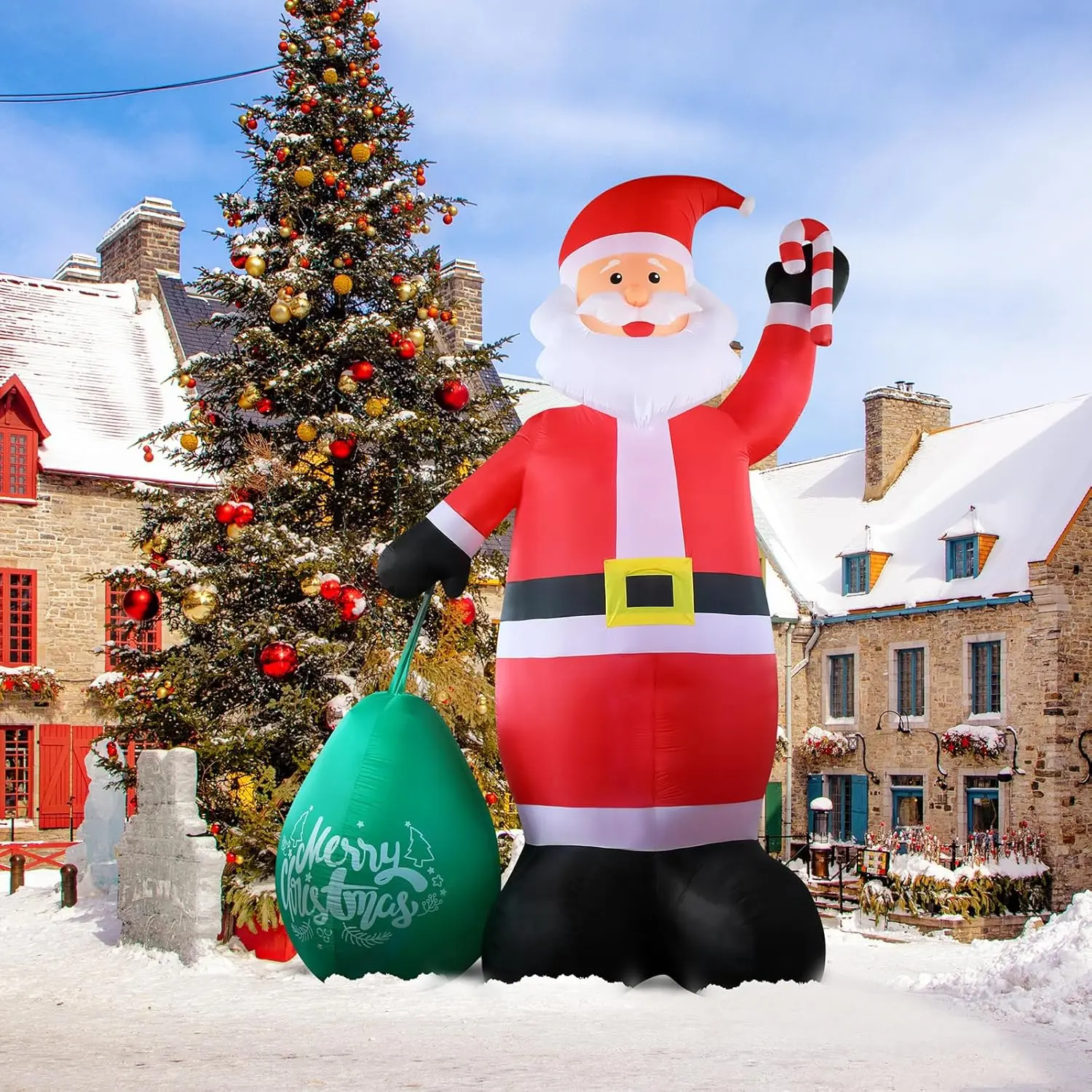 VINGLI Large-Size Christmas Giant Inflatable Santa Decor with Built-In Lights, Electric Blower - Outdoor Yard, Christmas Tree Decor for Holiday Home Supplies, Festive Gift Box