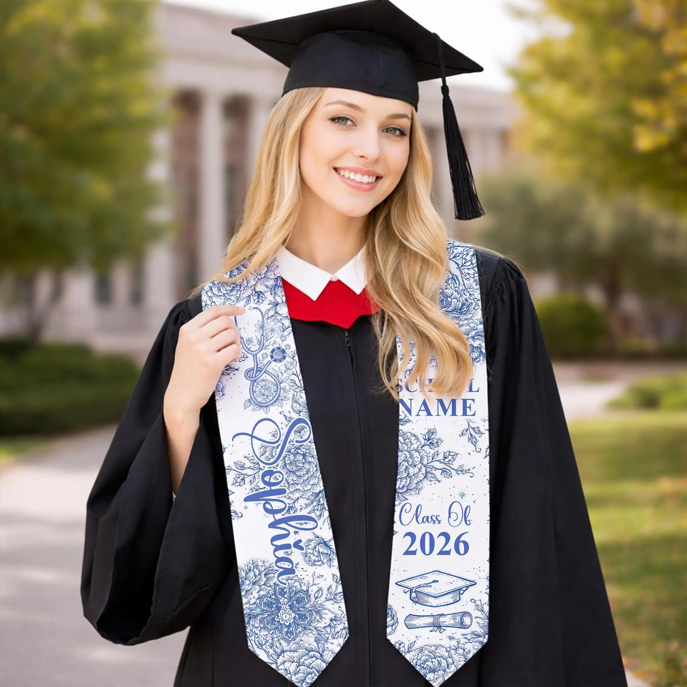 Personalized Nursing Graduation Stole 2026 BSN RN, Blue Toile De Jouy Nurse Sash, Custom Name School Printed Grad Stole, College Graduation Gift Keepsake