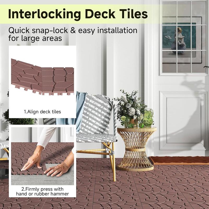 44 Pack 12*12" Interlocking Deck Tiles, DIY for Patio/Poolside/Balcony, Dark Gray,Brown Outdoor Indoor Flooring Non Slip Flooring