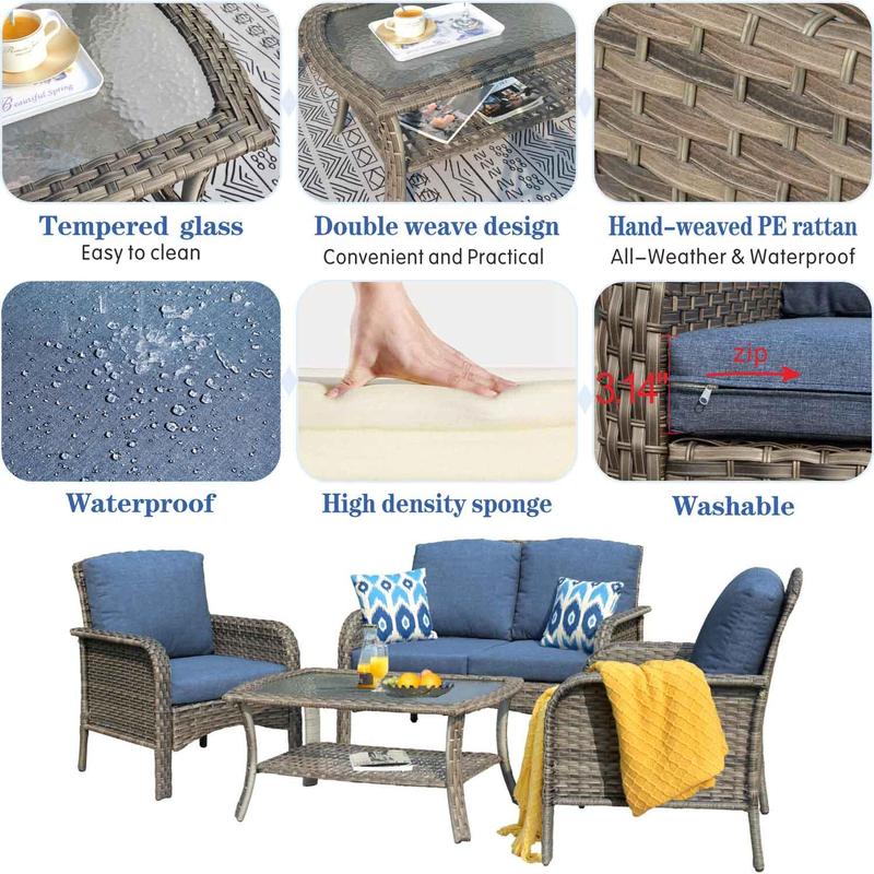 Ovios Outdoor Furniture 4-Piece High Back Grey Wicker with Cushion and Table