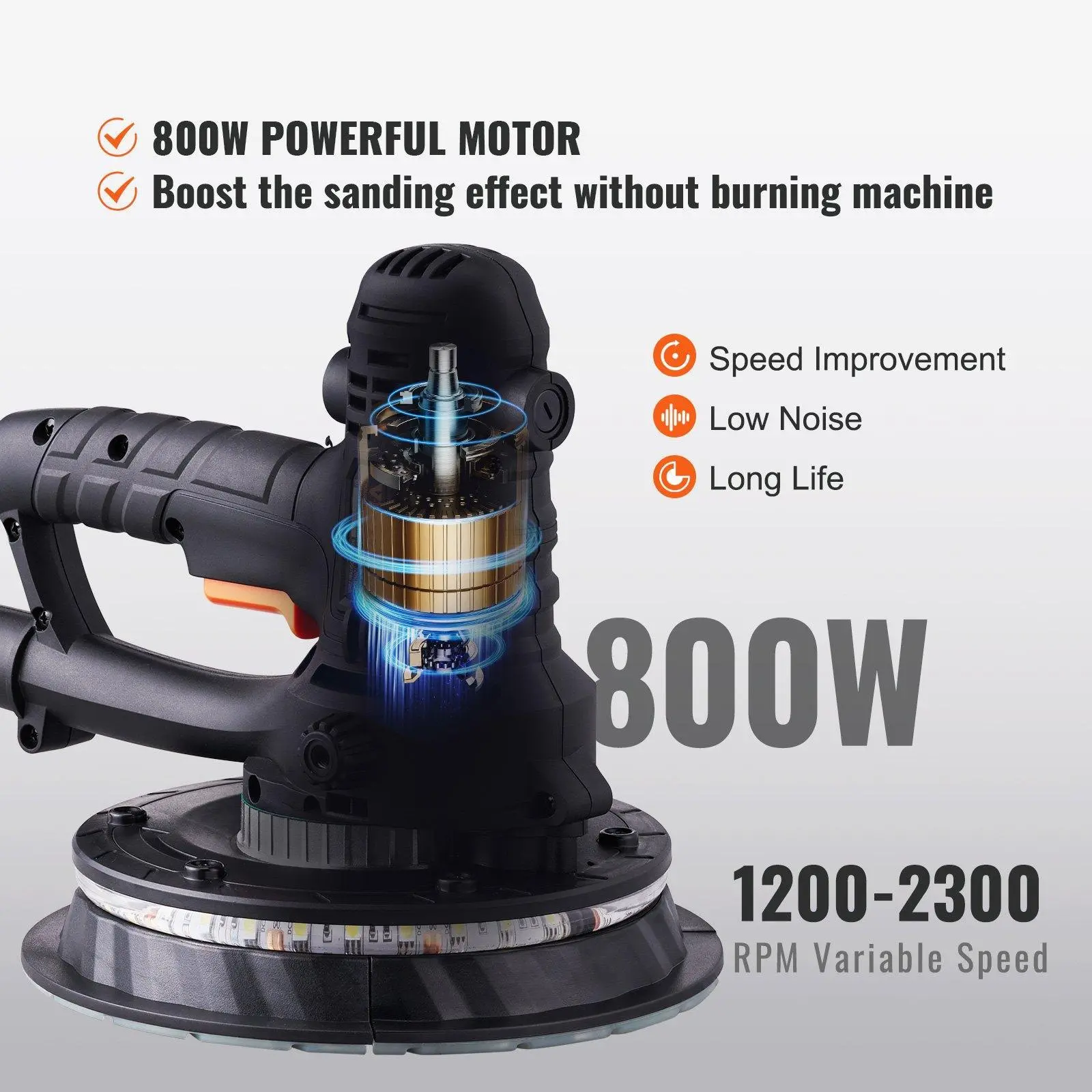 【SummerFinds】VEVOR Drywall Sander Power Tool, 800W Brush Motor, 1200-2300RPM Variable Speed, Auto Vacuum, Polishing Machine with Bag & LED Strips for Home Improvement