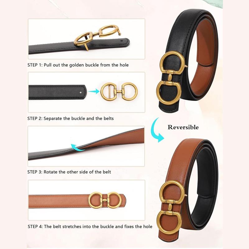 Elegant Reversible PU Leather Belt for Women Accessories Two-in-One Women Fashion Vintage PU Leather Belt for Jeans Dress with Golden Buckle