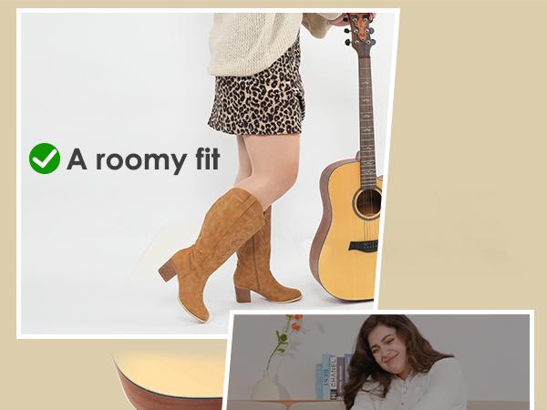 Women's Extra Wide Calf Cowboy Boots Wood Embroidered Western Cowgirl Knee High Boots Footwear Decor Red Leather