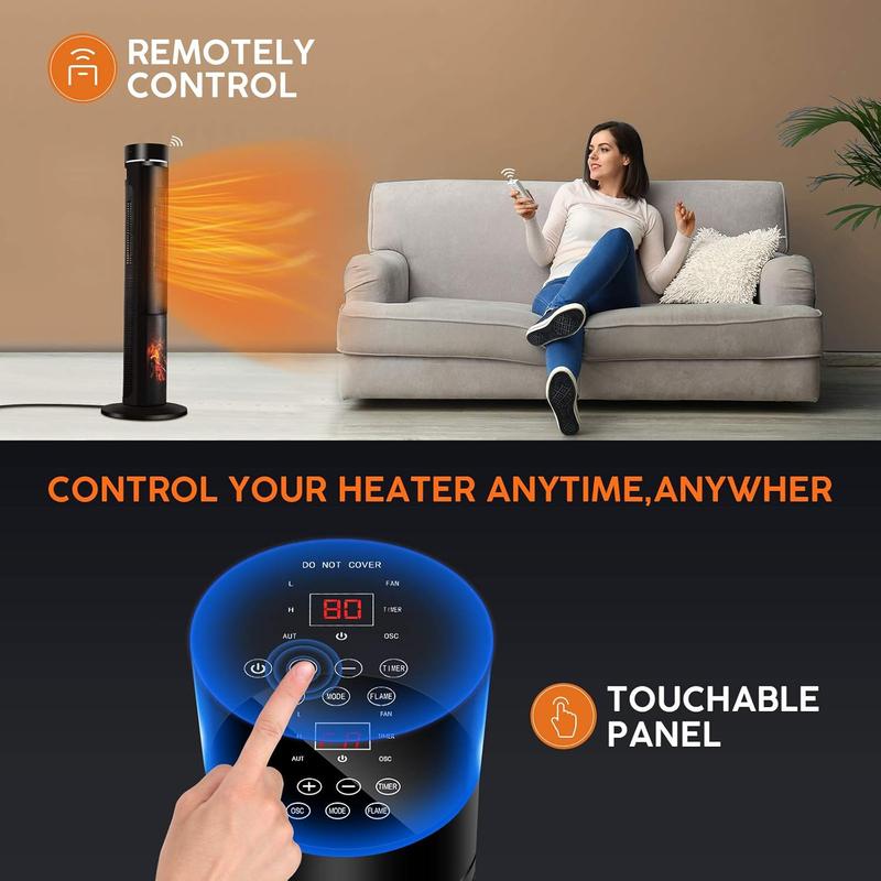 36 inches 1500W Electric Tower Space Heater with 3D Realistic Flame, Remote, Fast Heating, Adjustable Thermostat,3 Modes, Overheating &Tip-over Protection, Oscillating for Indoor Use Portable