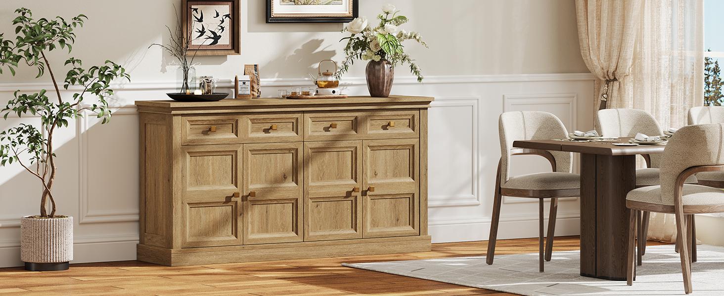【SPOTLIGHT DAY】ONBRILL 63 Inch Buffet Cabinet with Storage Large Sideboard Credenza with Drawers 4 Doors Storage Sideboards Accent Kitchen Coffee Bar Cabinets for Living Room Entryway