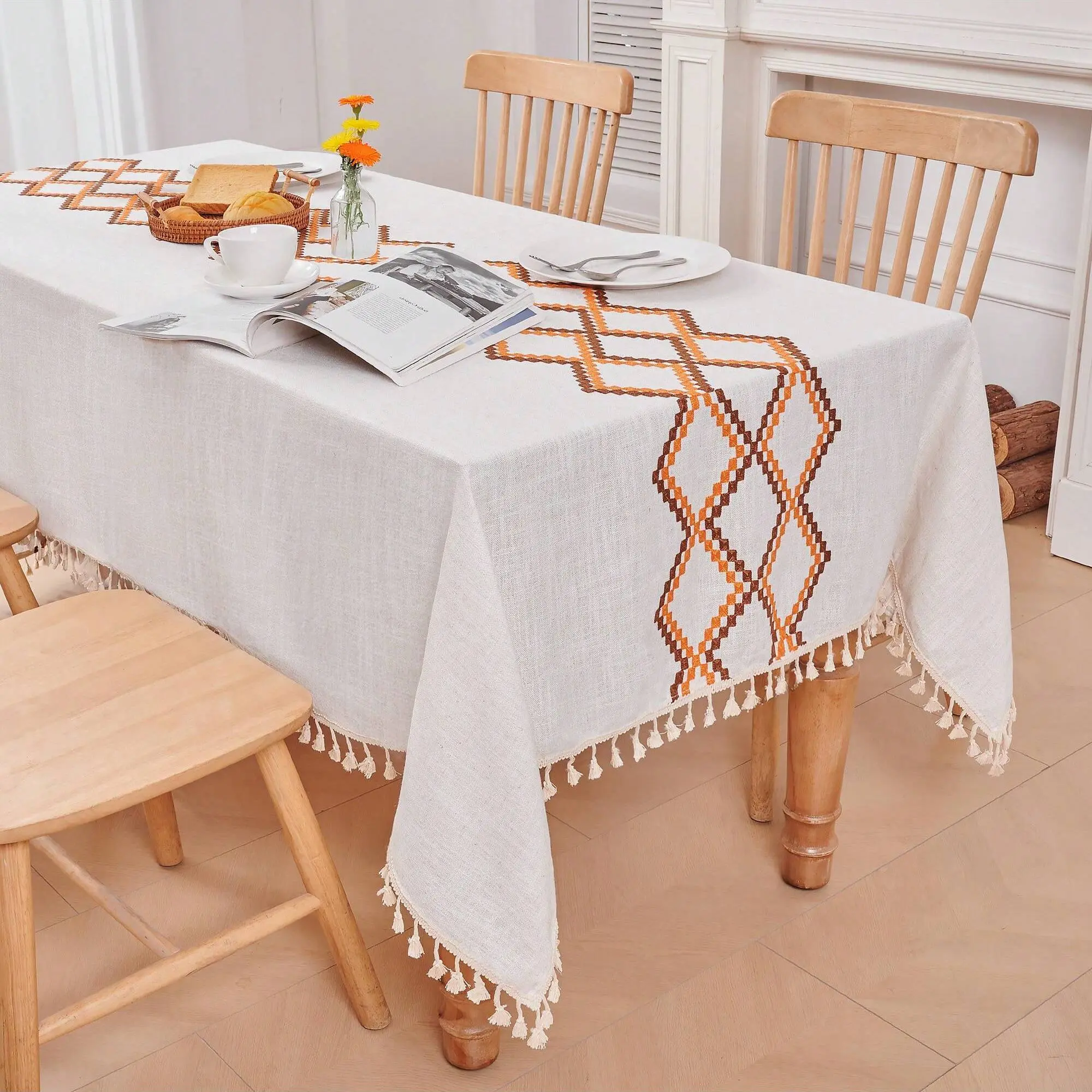 1-Piece Rustic Linen Look Waterproof Tablecloth - Geometric Print, Lightweight Fabric, Tasseled Edge for Dining Room, Outdoor Table Use, One Piece, Table Cloth