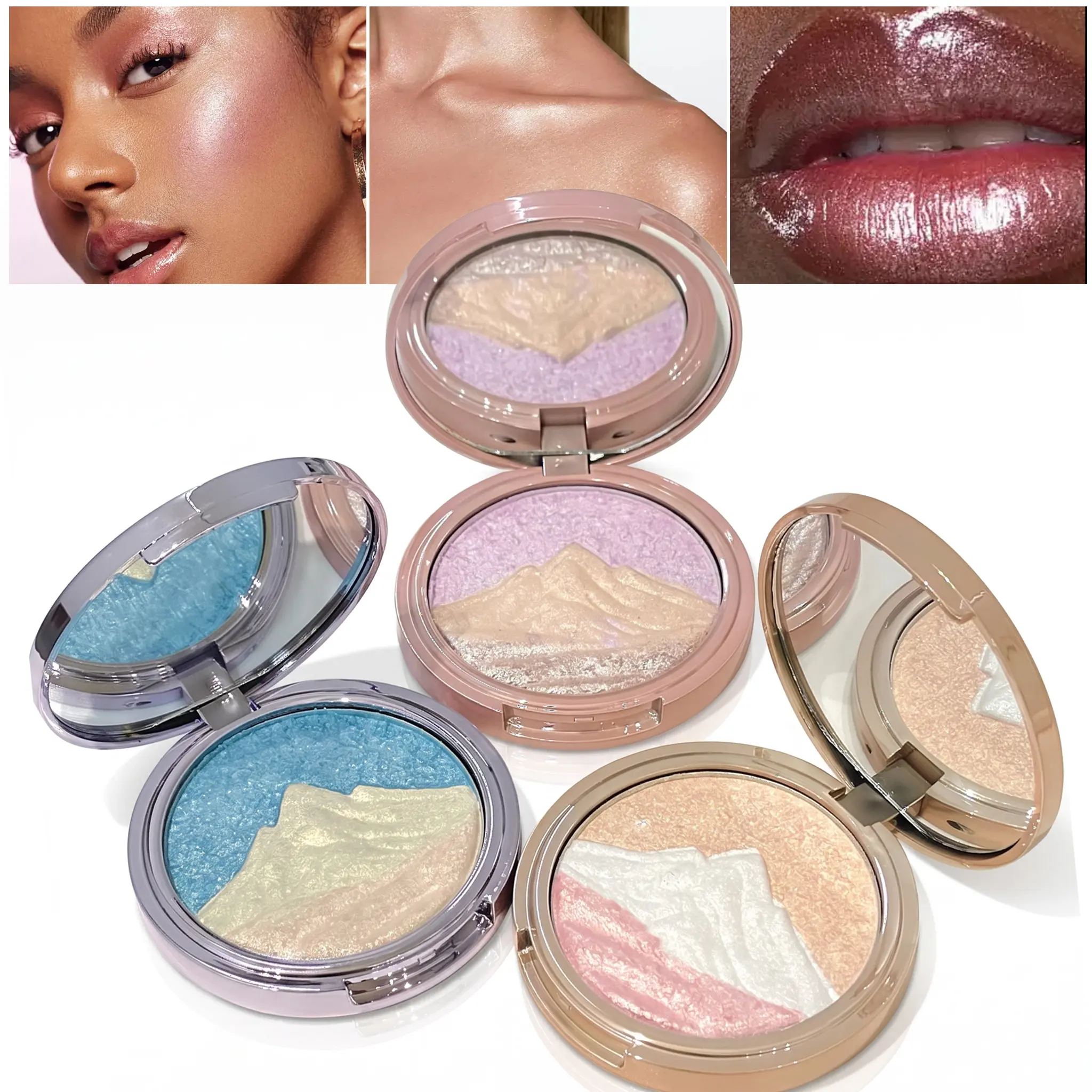 Embossed Iridescent 3-Shade Eyeshadow&Highlighter Palette-Creamy Texture with Fine Glitter&Intense Sparkle. Divine HaloEffect for 3D Brightening Look.Highly Pigmented Face&EyeIlluminator in Ethereal Sunset Shades:Purple Pink WhiteValentine's Essential, Sm