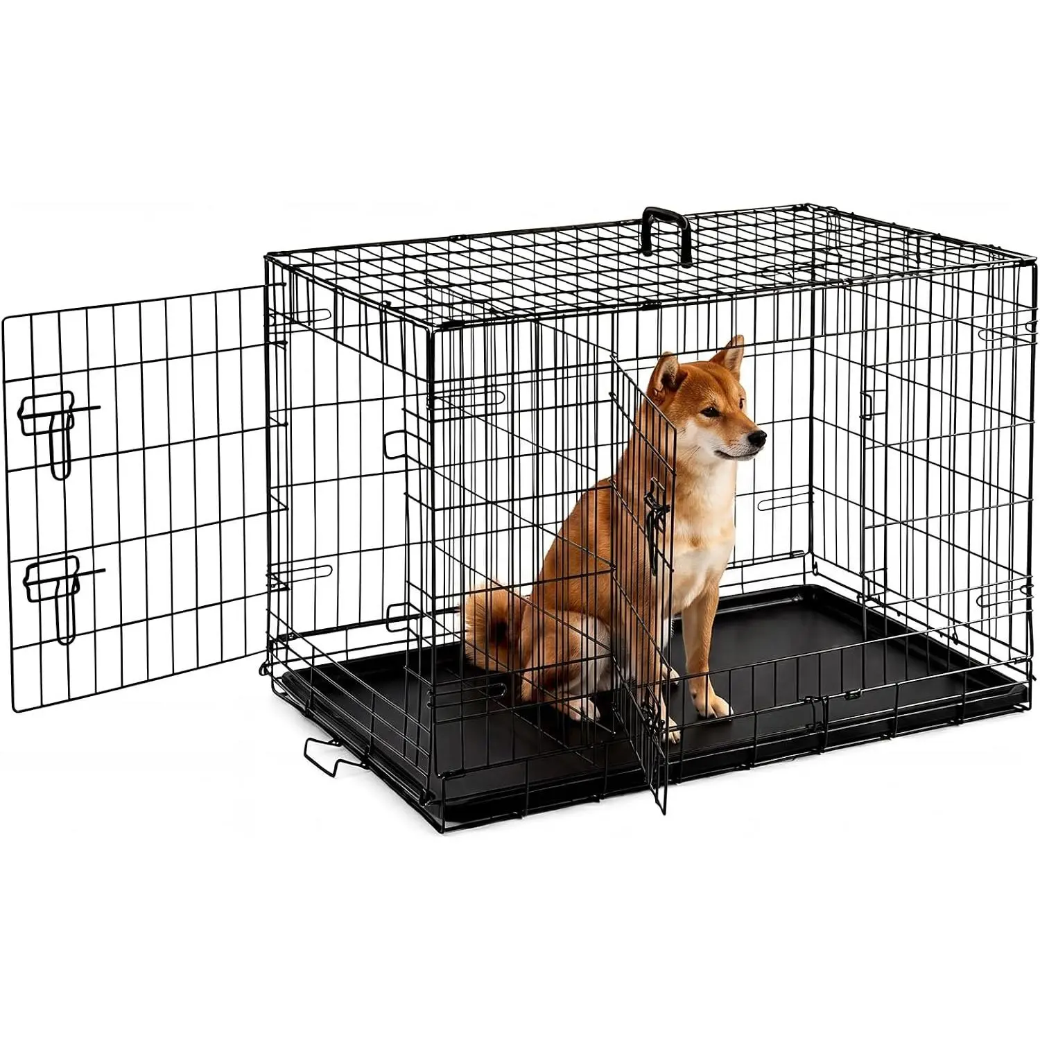 Medium Dog Crate 36 Inch Foldable Double Door Dog Cage Pet Kennel | Metal Wire, Secure Lock, Plastic Leak-Proof Pan Tray, Indoor Outdoor Training Pet