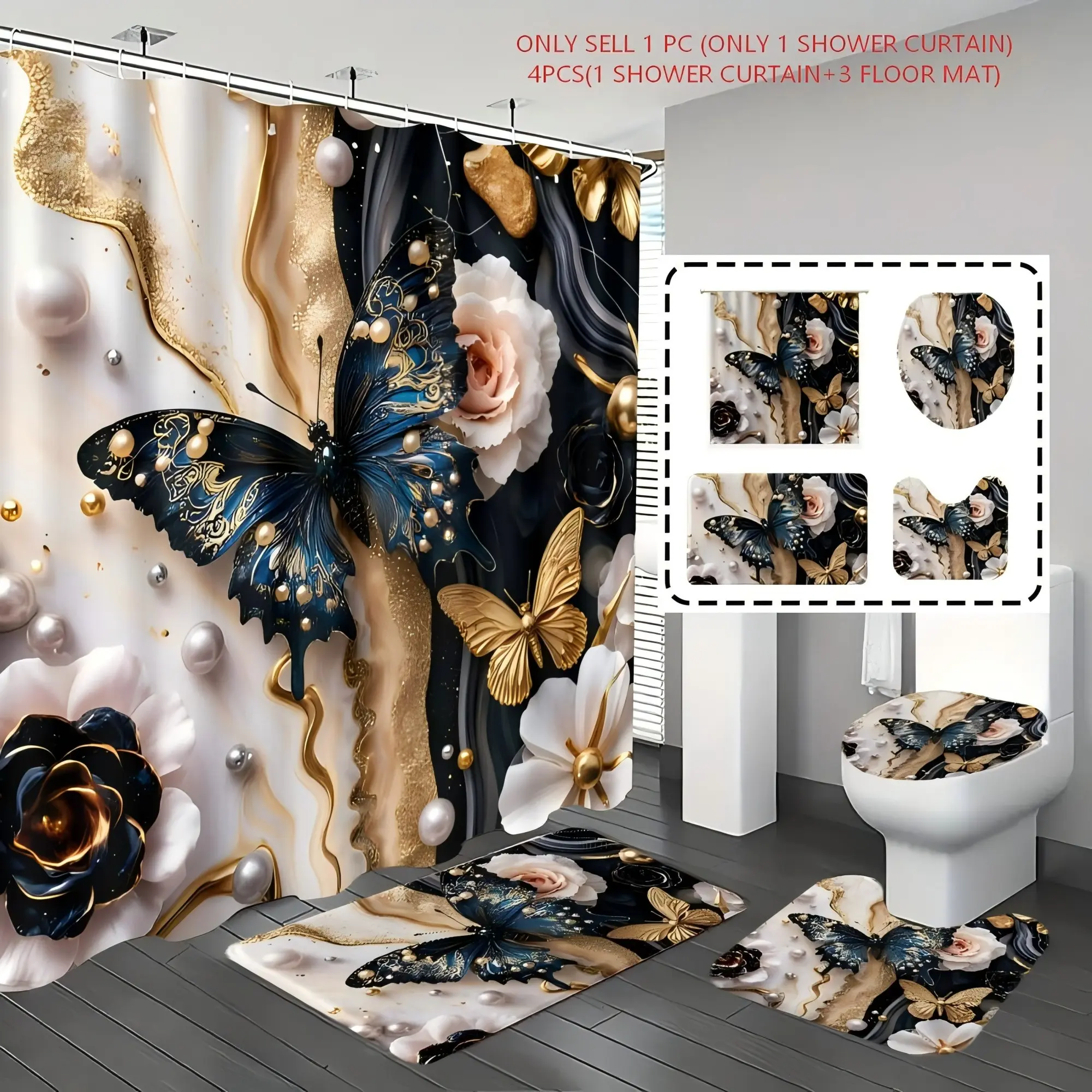 Luxury Bathroom Set with Marble Pearl Butterfly Design, Includes 12 Hooks, Shower Curtain Sets, Bath Mat, Home Decor Essentials, Modern Bathroom Decor, Aesthetic Shower Curtain, Whimsical Shower Curtain