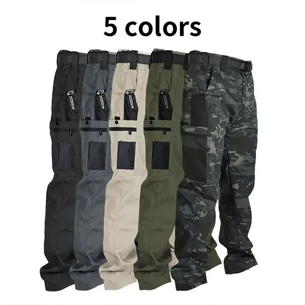 Men's Tactical Cargo Pants - Menswear, Workwear, Casual, Skin-Friendly Breathable Fabric, Multi-Zippered Pockets, Straight Loose Fit, Ideal for Outdoor Activities, Available in Khaki & Camouflage, Basic