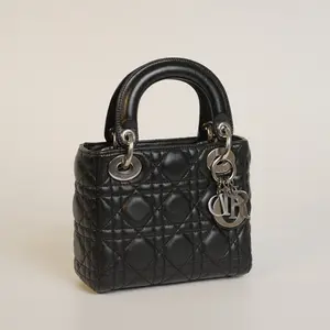 Pre-owned Dior Lady Bag Classic Black Quilted Leather with Silver Hardware & Logo Charms Elegant Design Versatile Use for Casual & Formal Events
