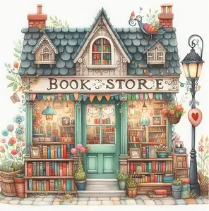 5D Diamond Painting Kit, Whimsical Vintage Bookstore with Colorful Books & Flowers, DIY Watercolor Style Art Craft for Adults, Cozy Home Wall Decor
