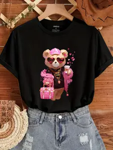 2025 New Pink-Clothed Bear Printed T-Shirt: Soft comfortable cotton, washable, cute playful pink-clothed bear print, loose fit for all, suitable for daily casual & gifting, energetic for spring-summer wear;