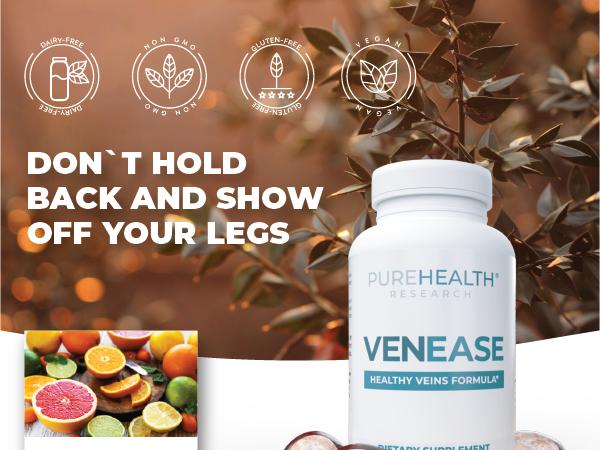 Vein Support Supplements Venease by PUREHEALTH RESEARCH - Natural Blood Circulation Supplement  - with Horse Chestnut Extract, Rutin & Buthers Broom Extract, 60 Capsules