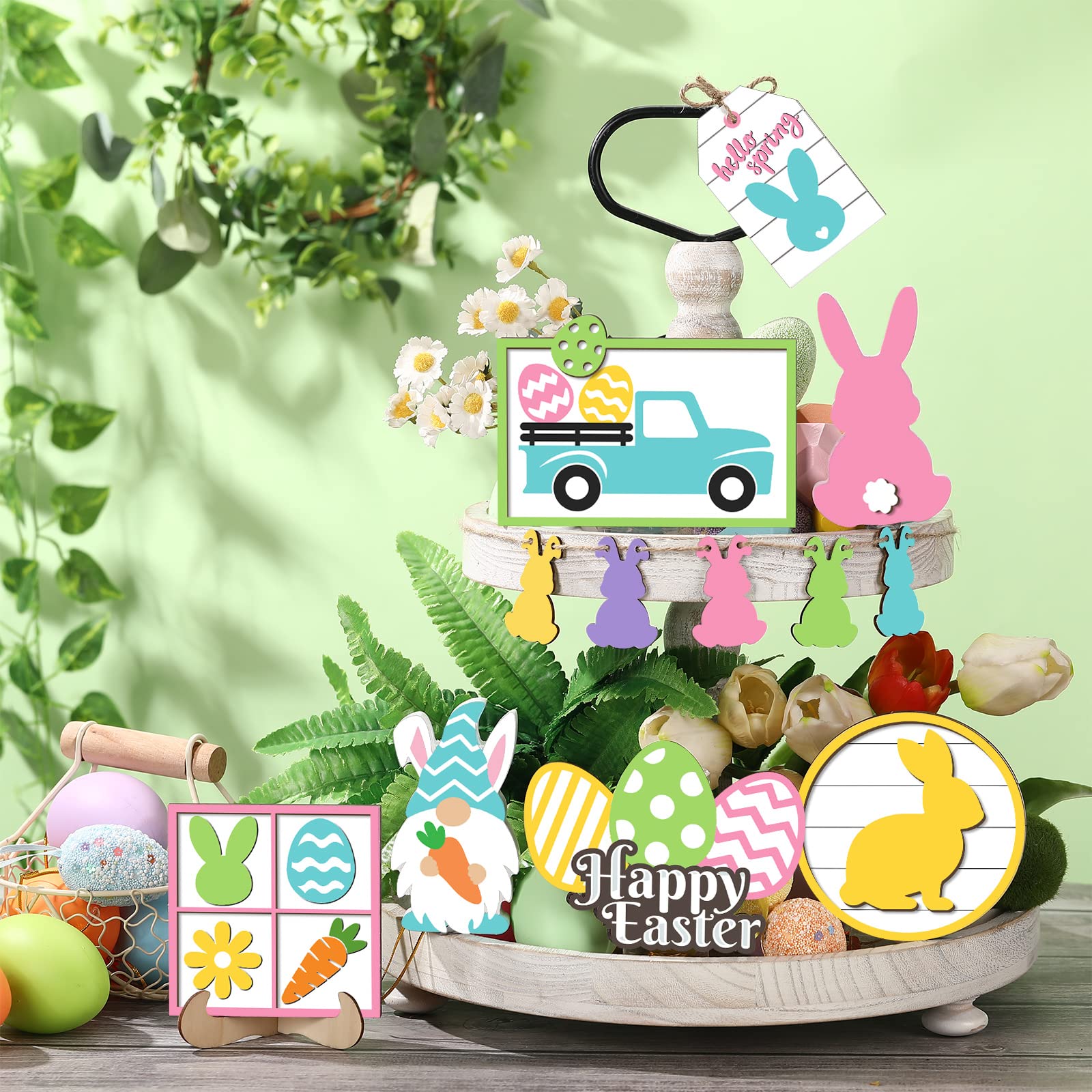 Easter Tiered Tray Decor Wooden Signs Set (No Tray), Rustic Bunny Egg Carrot Jesus Cross Risen Ornaments Cute Durable Layered Tray Signs for Mantel Shelf Table Kitchen Display, Spring Home Easter Decor Christian Family Religious Party Gifts, Date Suppiles