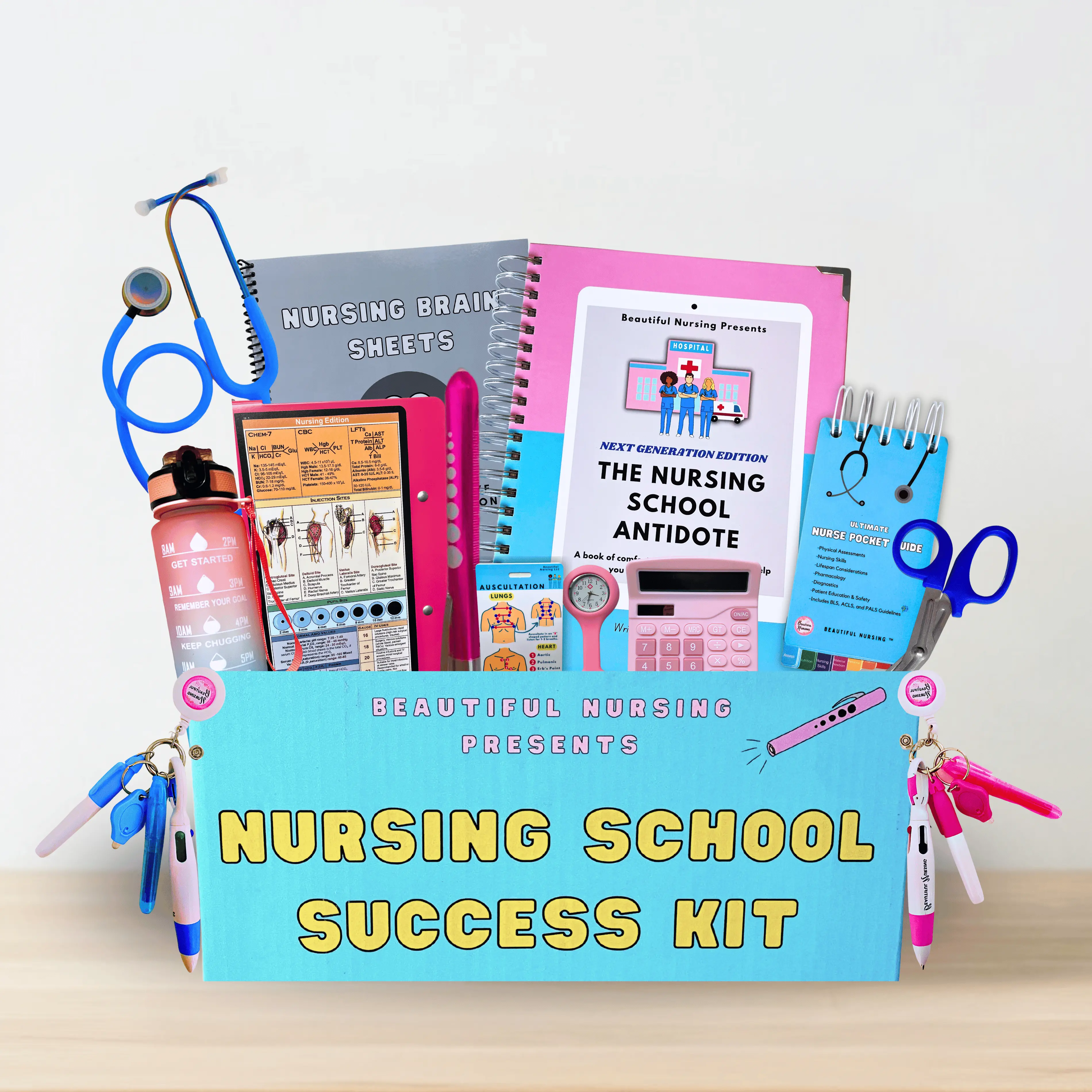 Nursing School Gift Box - All-in-One Essentials with Antidote Textbook, Nurse Pocket Guide, Clipboard, Stethoscope, Penlight, Calculator, Water Bottle, Stickers & NCLEX Bookmark, Badge Reel, Foldable Clipboard
