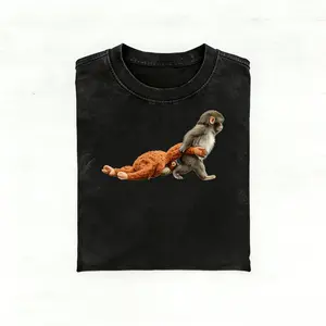 Monkey Punch Graphic T-Shirt, Baby Monkey Holding Plush Toy, Animal Lover Gift, Cute Cozy T-Shirt A302