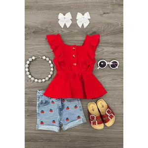 Red Cherry Denim Short Set