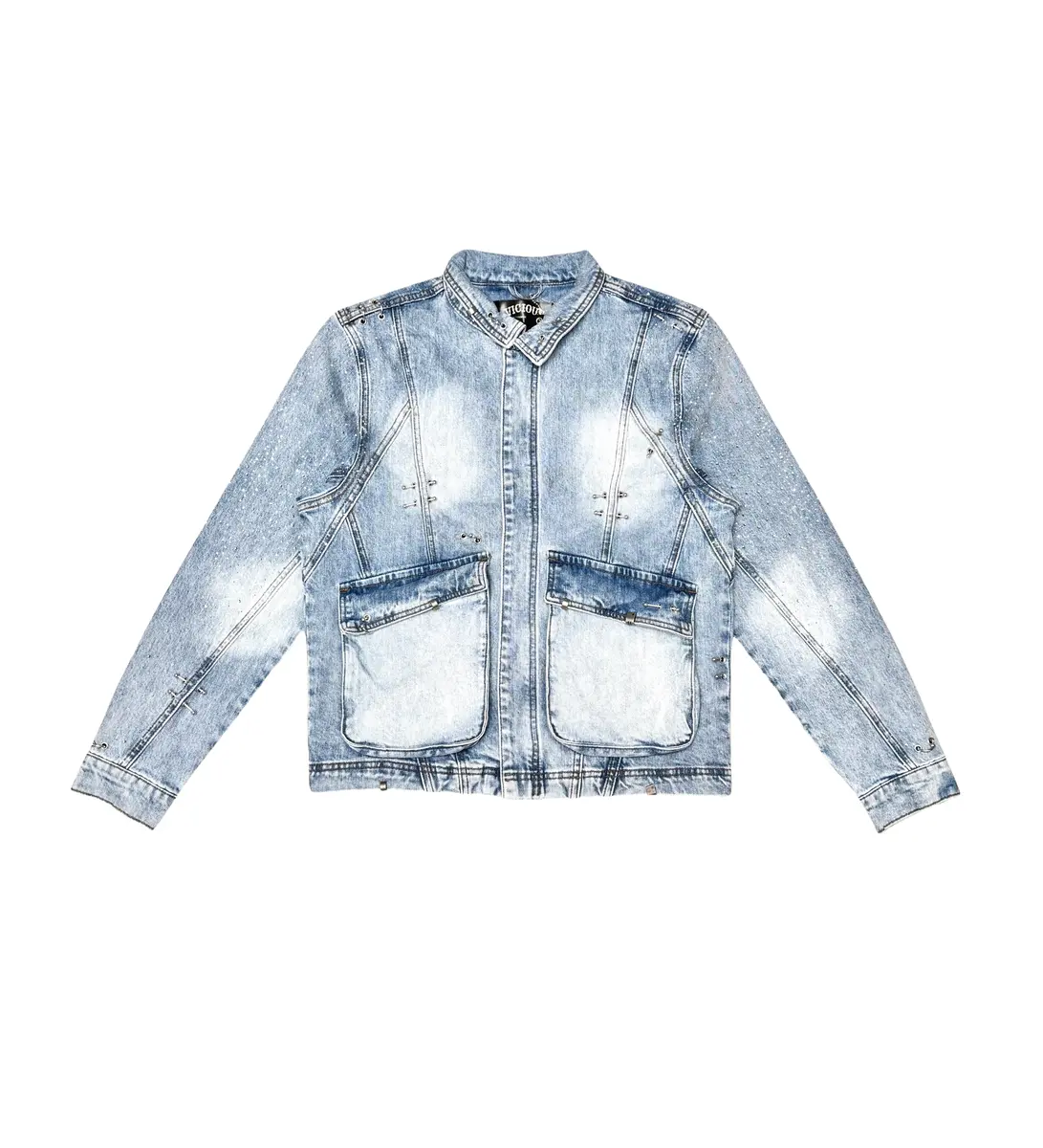VICIOUS MEN'S EMBELLISHED RHINESTONE DENIM JACKET W/ OVERSIZED CARGO POCKETS