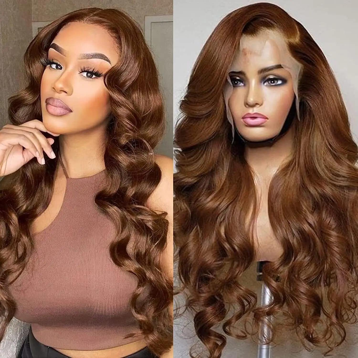 Bling Hair 30 32 34 Inch Chocolate Brown 13X4 Lace Front Wig Body Wave Human Hair 180% Density 13x6 Hd Transparent Front Wigs Pre Plucked Wigs For Women