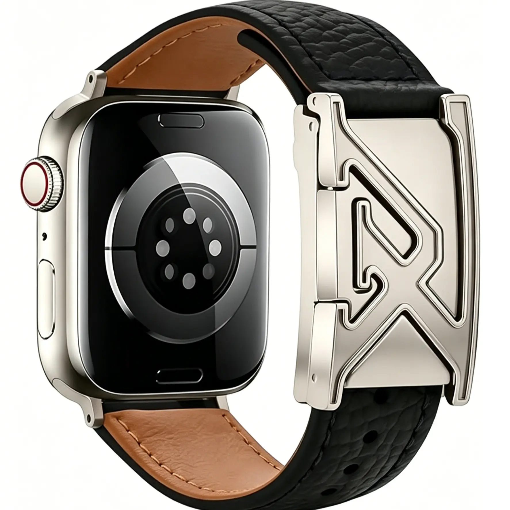 Silver Color Engraved Letter-Shaped Clasps for Leather Watch Straps, Suitable for Apple Watches, Litchi-Pattern Texture