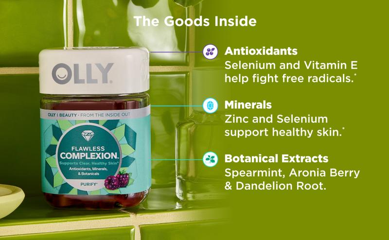 OLLY Flawless Complexion Gummy, Clear and Healthy Skin Support, Vitamins E, A, Zinc, Chewable Supplement, Berry - 50 Count (Pack of 1)