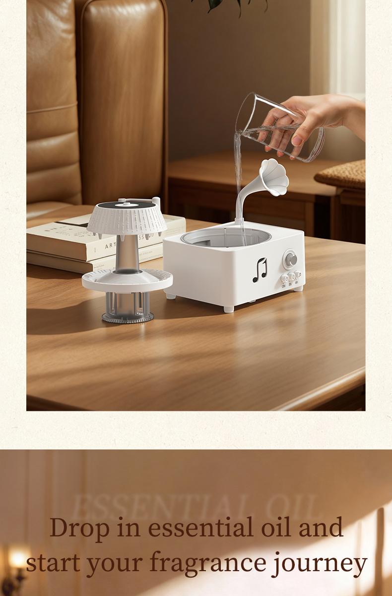 Phonograph-style aroma diffuser and humidifier with white noise and Bluetooth music, includes essential oils, features multiple natural sounds, automatic shut-off when water runs out, and ultrasonic raindrop rotation. A high-end white aroma diffuser gift.