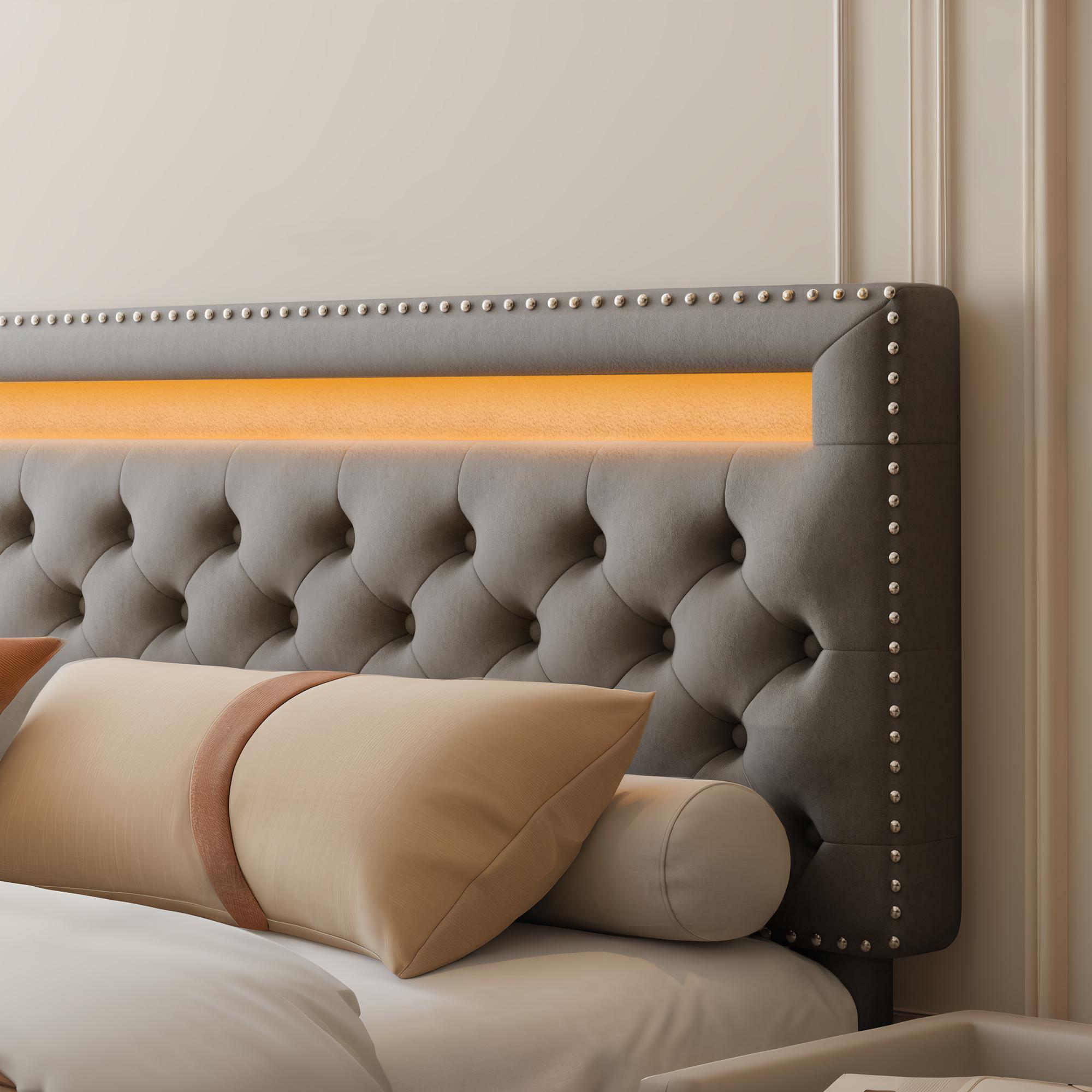 GEGOFORU Queen LED Bed Frame with Storage Drawers – Smart RGB Lights, Adjustable Upholstered Headboard, Modern Platform Bed, No Box Spring Needed | Christmas Gift