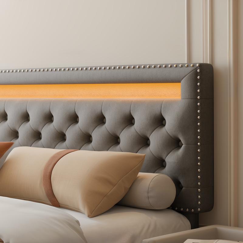 GEGOFORU Queen LED Bed Frame with Storage Drawers – Smart RGB Lights, Adjustable Upholstered Headboard, Modern Platform Bed, No Box Spring Needed | Christmas Gift