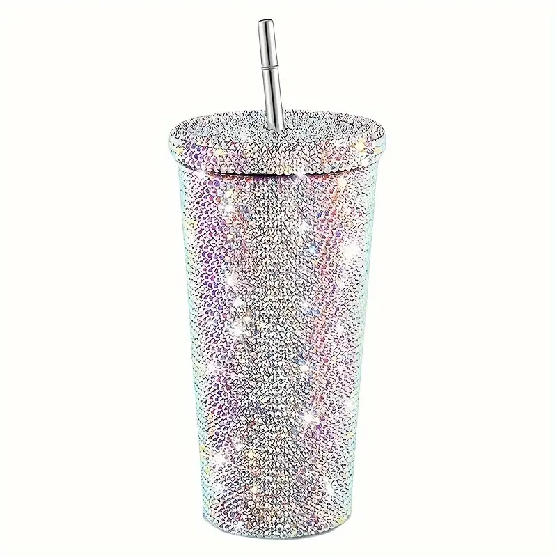 Diamond Sticker 304 Stainless Steel Insulated Cup Vacuum Double Layer Straw Cup Large Capacity Coffee Cup
