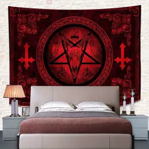 [Mysterious Tapestry] Mysterious Red and Black Gothic Goat Head Pentagram Tapestry |     Polyester Suede Fabric, Horizontal Orientation for Living Room Decor, Mystical Home Decor, Symbolic Artwork, Woven Texture, Gothic Home Decor