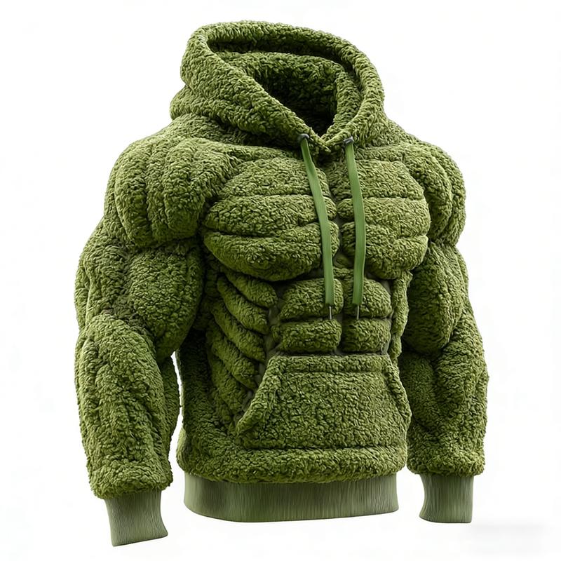 Men's Muscle Hoodie-Plush Fleece Sweatshirt for Outdoor,2D Street Style Muscle Line Fuzzy Cotton Blend Hoodie