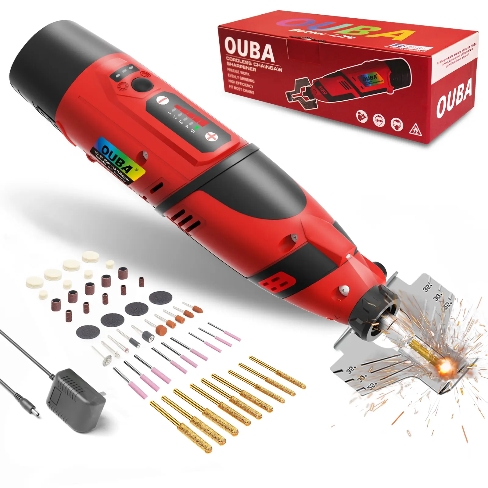 OUBA Cordless Chainsaw Sharpener with 12v Battery, Comes with Electric Chainsaw Sharpener Tool with 54 PCS Sharpener Accessories, Chainsaw Chain Sharpener Kit with Titanium Plated Diamond Bits