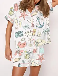 Coastal Coquette Seashell Summer Vibes Beach Print Short Sleeve Satin Pajama Set, Stylish and Relaxing Nightwear, Perfect Vacation Sleep Set
