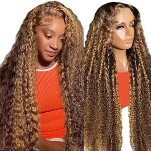 Honey Blonde 13x6 Deep Wave Lace Front Wigs Human Hair 30 inch 4/27 Highlight Ombre Deep Wave HD Transparent Lace Front Wigs
