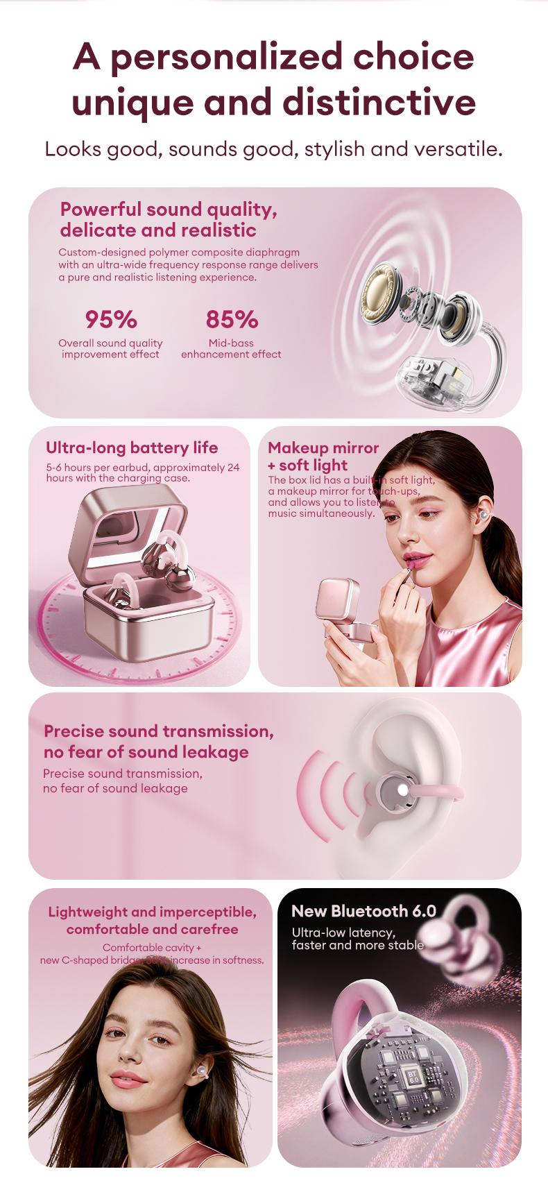 PAXA M161 Stylish Clip-On Wireless Headphones with Bluetooth 6.0, Built-In Makeup Mirror & Fill Light, Hi-Definition Sound, Low-Power Stable Connection, Audio Earbuds for Music & Phone Calls, Perfect Gift for Girls