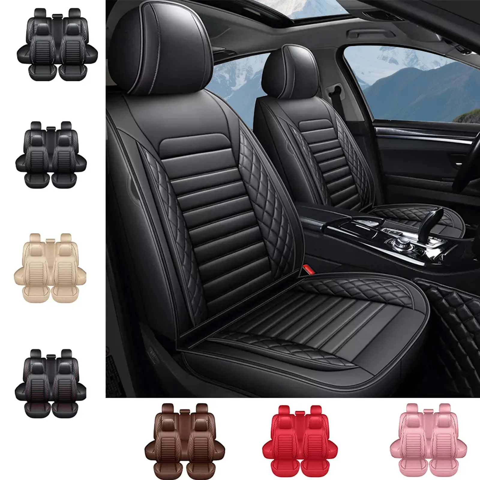 OTOEZ PU Leather 5-Seats Car Seat Covers Full Set with 2 Headrests, 2 Lumbar Support, Waterproof, Seat Protectors Auto Accessories Car Interior Cushions