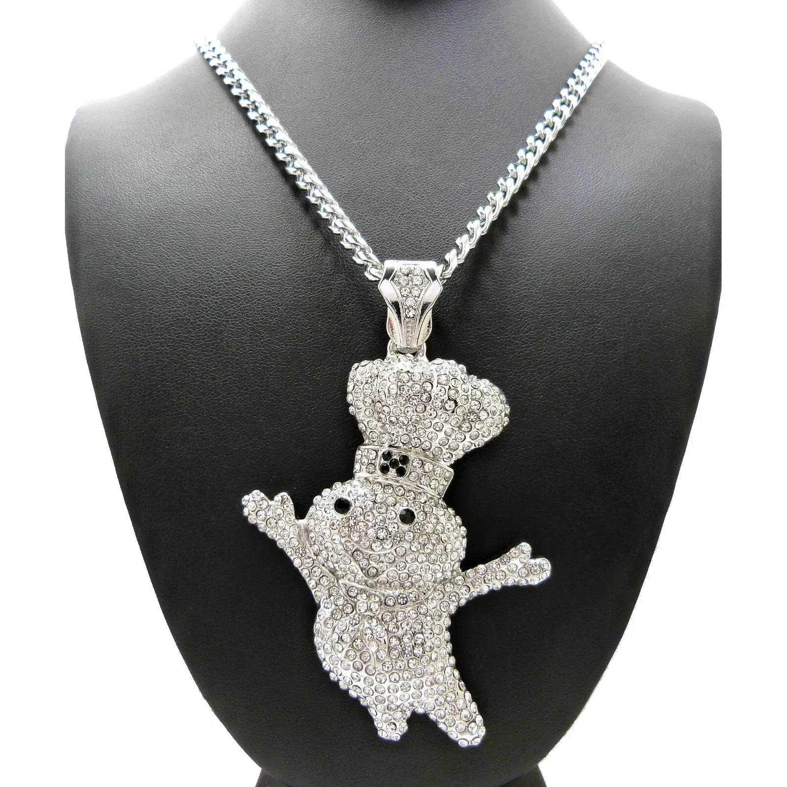 MaxBling81 Chunky Dough Boy Necklace with Large Iced Out CZ Pendant, Whimsical Silver-Plated 6mm Cuban Chain, 24-36 in, Whimsical Necklace, Chunky Necklaces